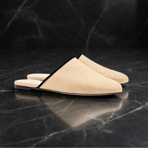 New Larroude Classic Venice Raffia Mule in Sand with Black Contrast Trim Size 7